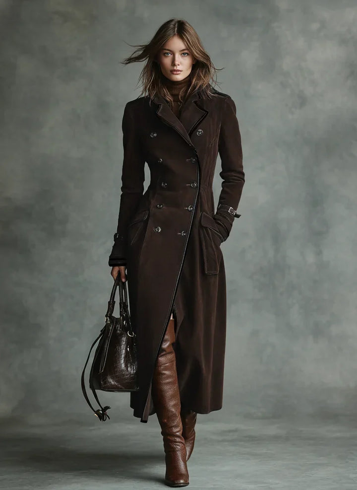 Women Double Breasted Longline Coat Notch Lapel