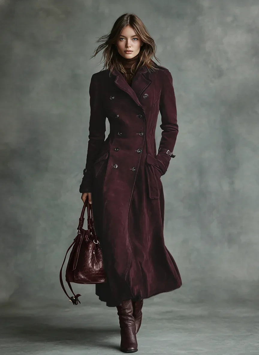 Women Double Breasted Longline Coat Notch Lapel