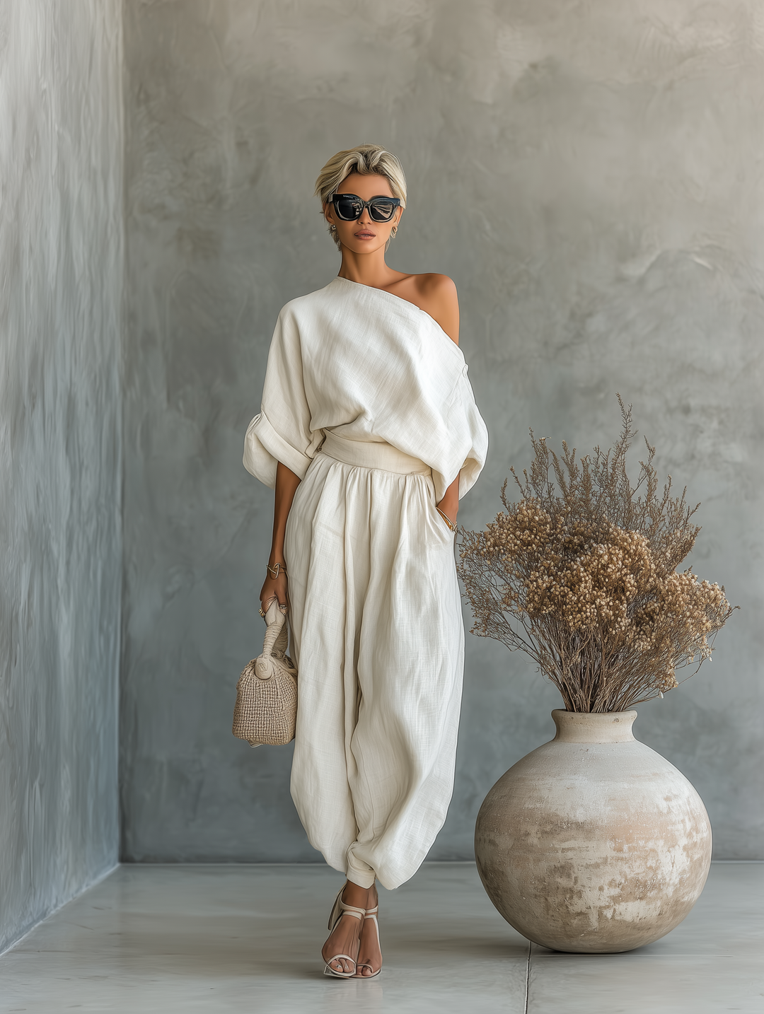 Women Off Shoulder Two Piece Trouser Set Slim Fit