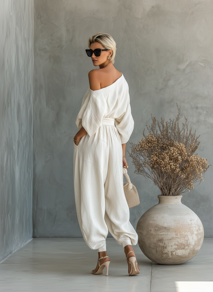 Women Off Shoulder Two Piece Trouser Set Slim Fit
