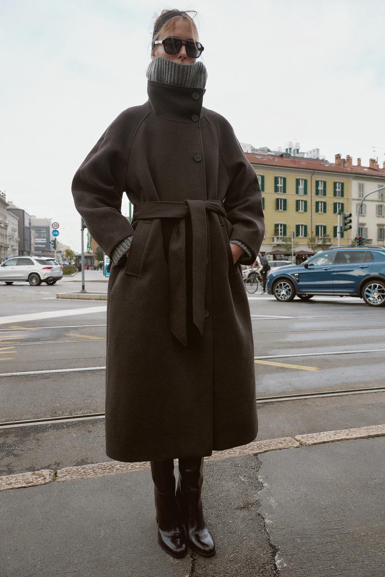 Belted Longline Wool Blend Coat Women