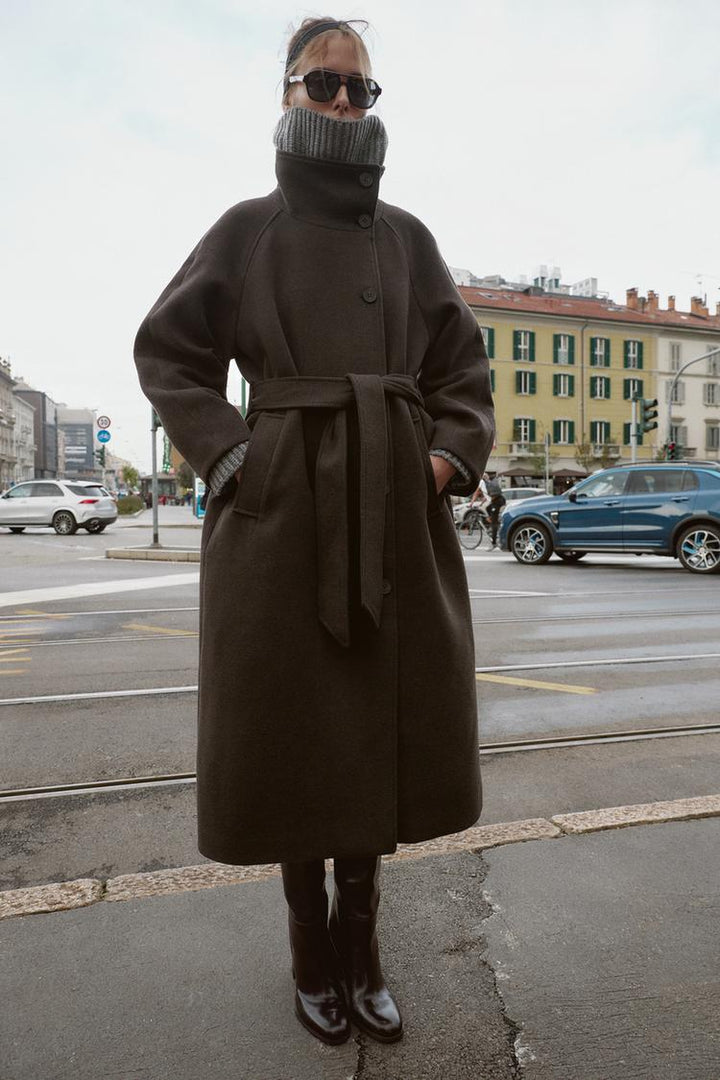 Belted Longline Wool Blend Coat Women