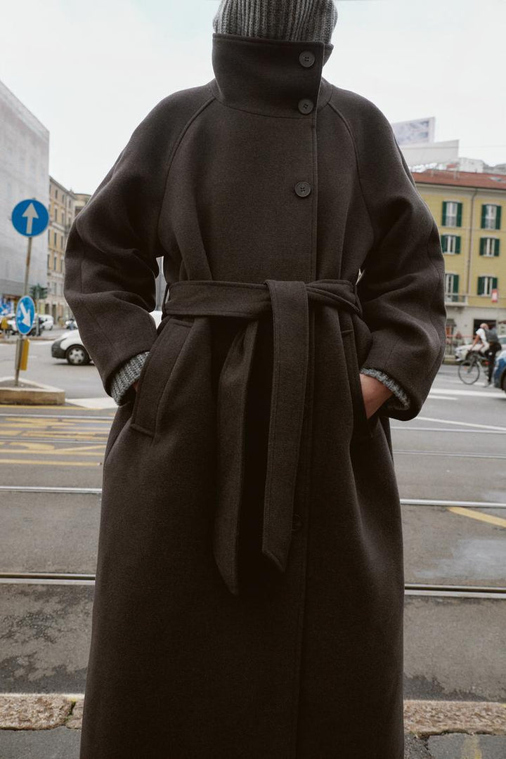 Belted Longline Wool Blend Coat Women