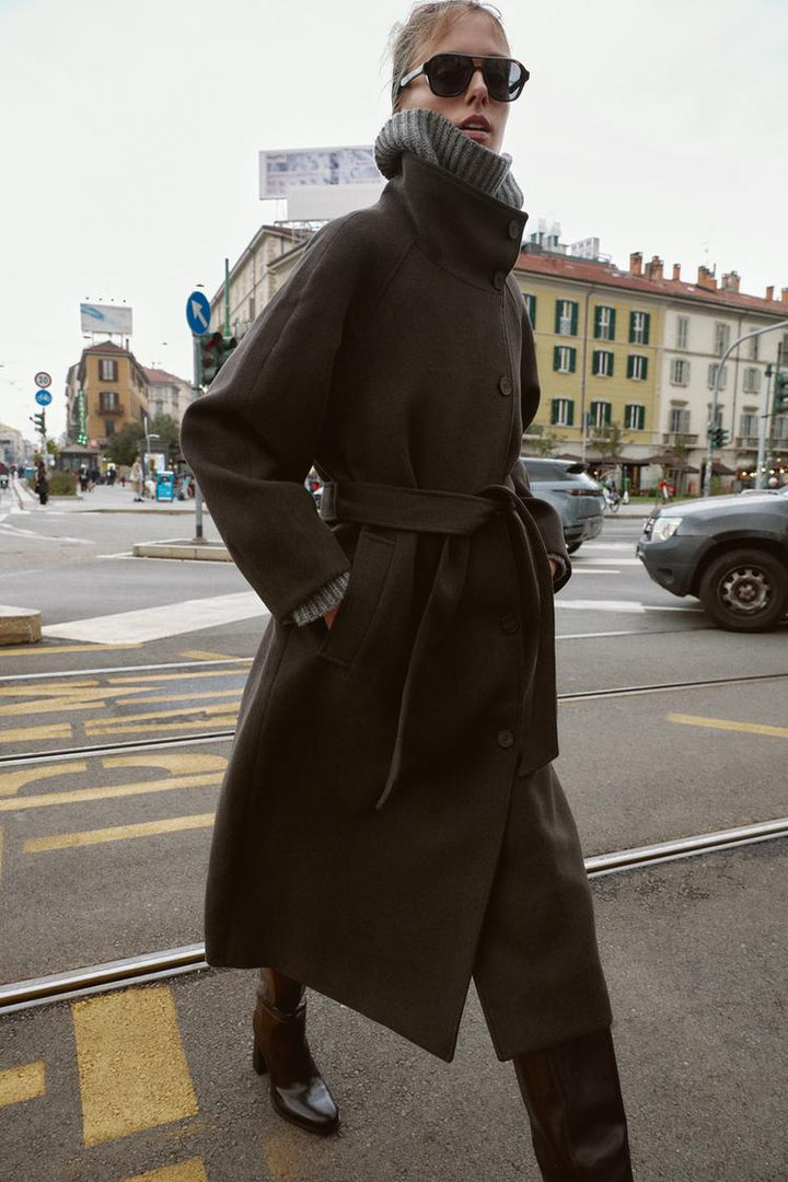 Belted Longline Wool Blend Coat Women