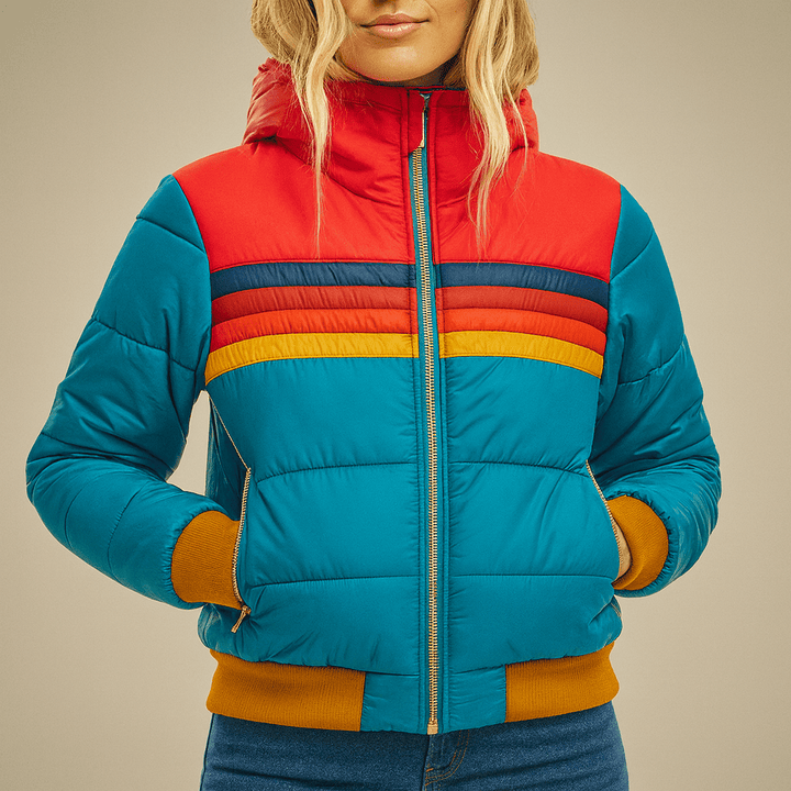 Womens Waterproof Puffer Jacket Hooded Colorblock