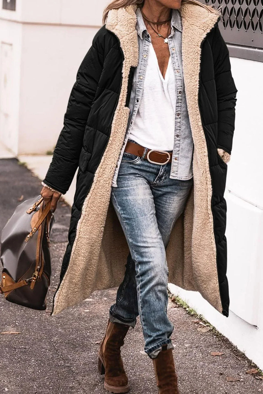 Womens Hooded Quilted Longline Puffer Jacket