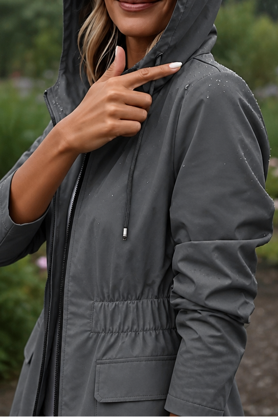 Womens Slim Fit Hooded Rain Jacket Drawstring Waist