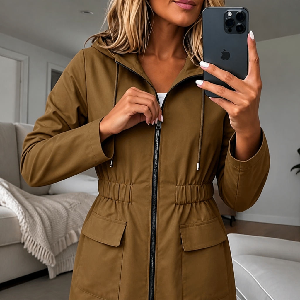 Womens Slim Fit Hooded Rain Jacket Drawstring Waist