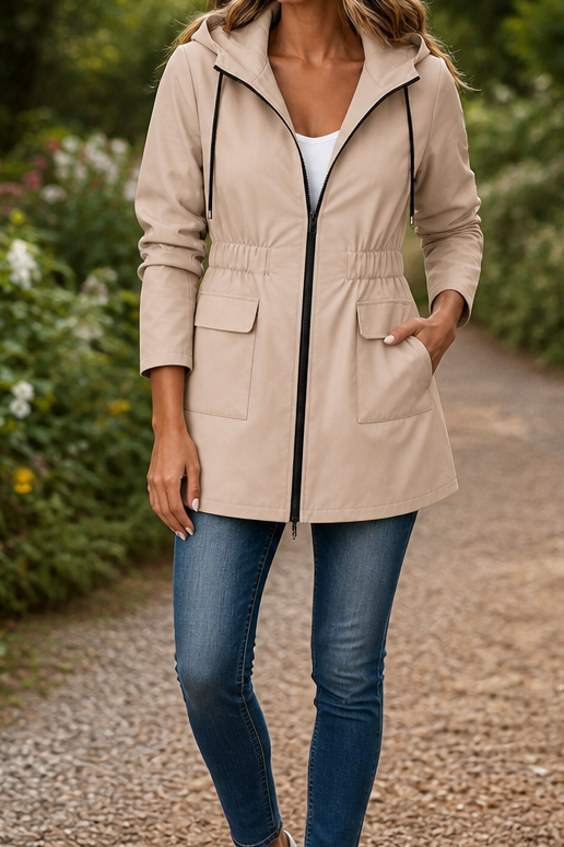 Womens Slim Fit Hooded Rain Jacket Drawstring Waist