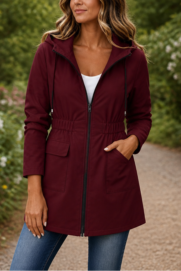Womens Slim Fit Hooded Rain Jacket Drawstring Waist