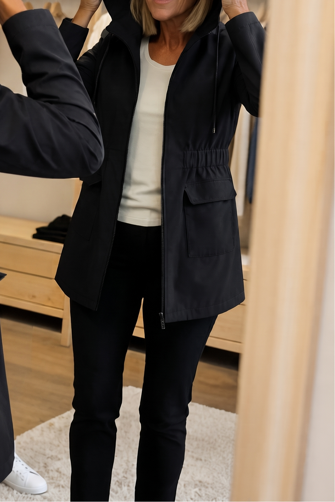 Womens Slim Fit Hooded Rain Jacket Drawstring Waist